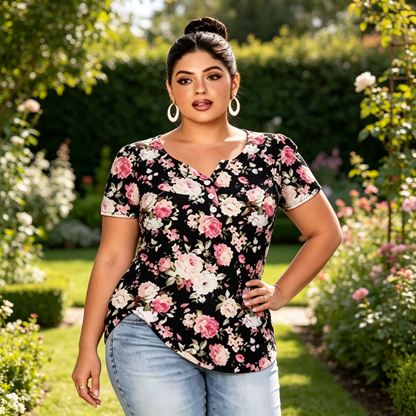 👚 Tricou lejer pentru femei, cu imprimeu floral și nasturi🌸
