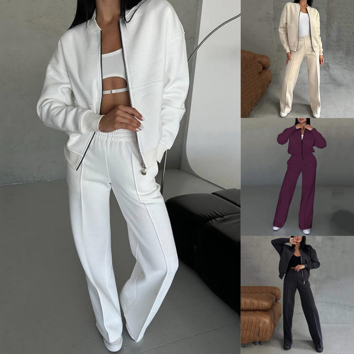💖Set din două piese pentru femei, croială lejeră - jachetă cu fermoar și pantaloni largi
