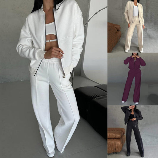 💖Set din două piese pentru femei, croială lejeră - jachetă cu fermoar și pantaloni largi
