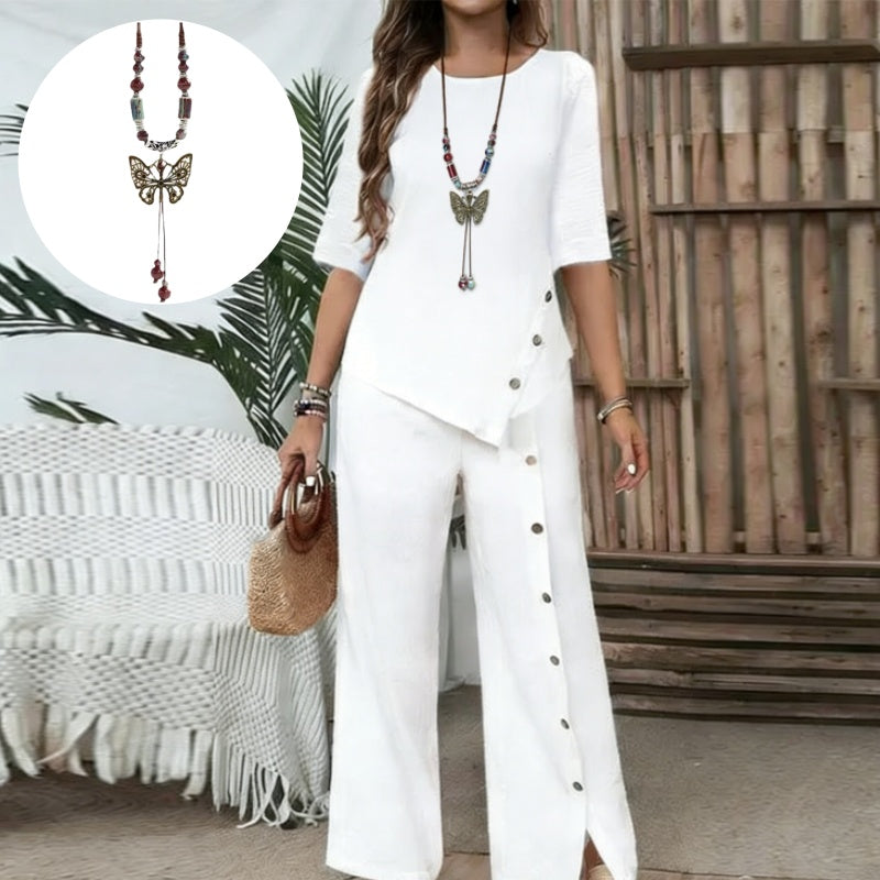 💖Top cu tiv neregulat pentru femei și pantaloni cu picior larg, set din două piese🔥-17