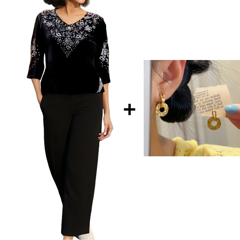 💞Set top și pantaloni din catifea cu strasuri pentru femei-13