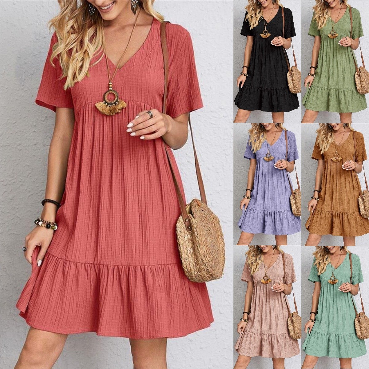 😍【S-3XL】👗Rochie lungă casual cu mânecă scurtă-1