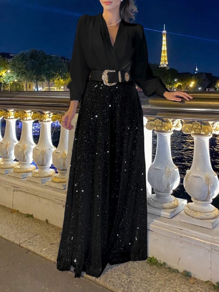 Bluză elegantă cu mânecă lungă și decolteu în V și pantaloni largi de salopetă cu paiete-4
