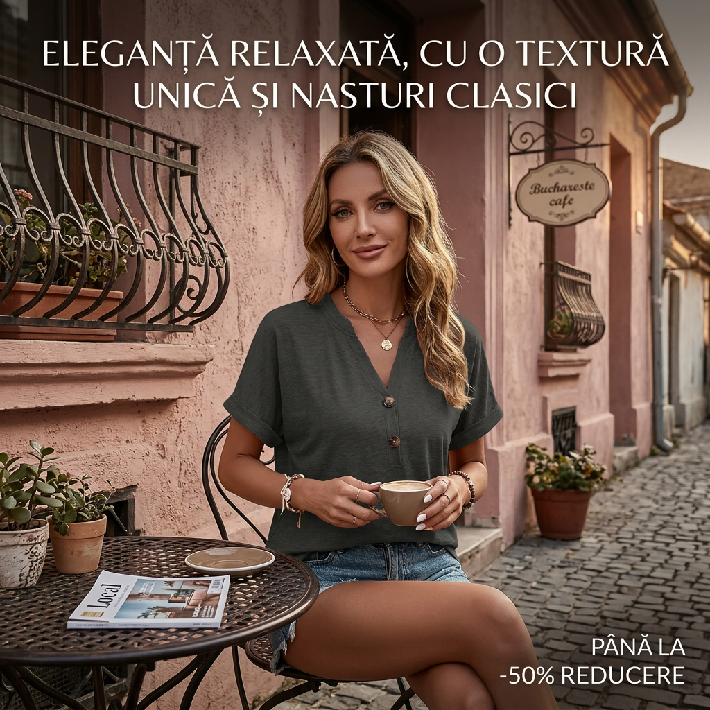 👕 Bluză casual pentru femei, cu guler în V, mâneci scurte și nasturi, potrivită pentru ținutele de zi cu zi 🌿