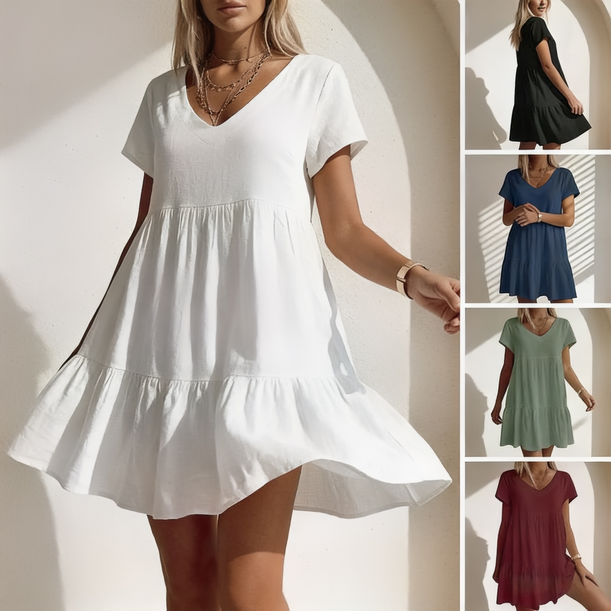 💝Rochie casual cu mâneci scurte, cu decolteu în V