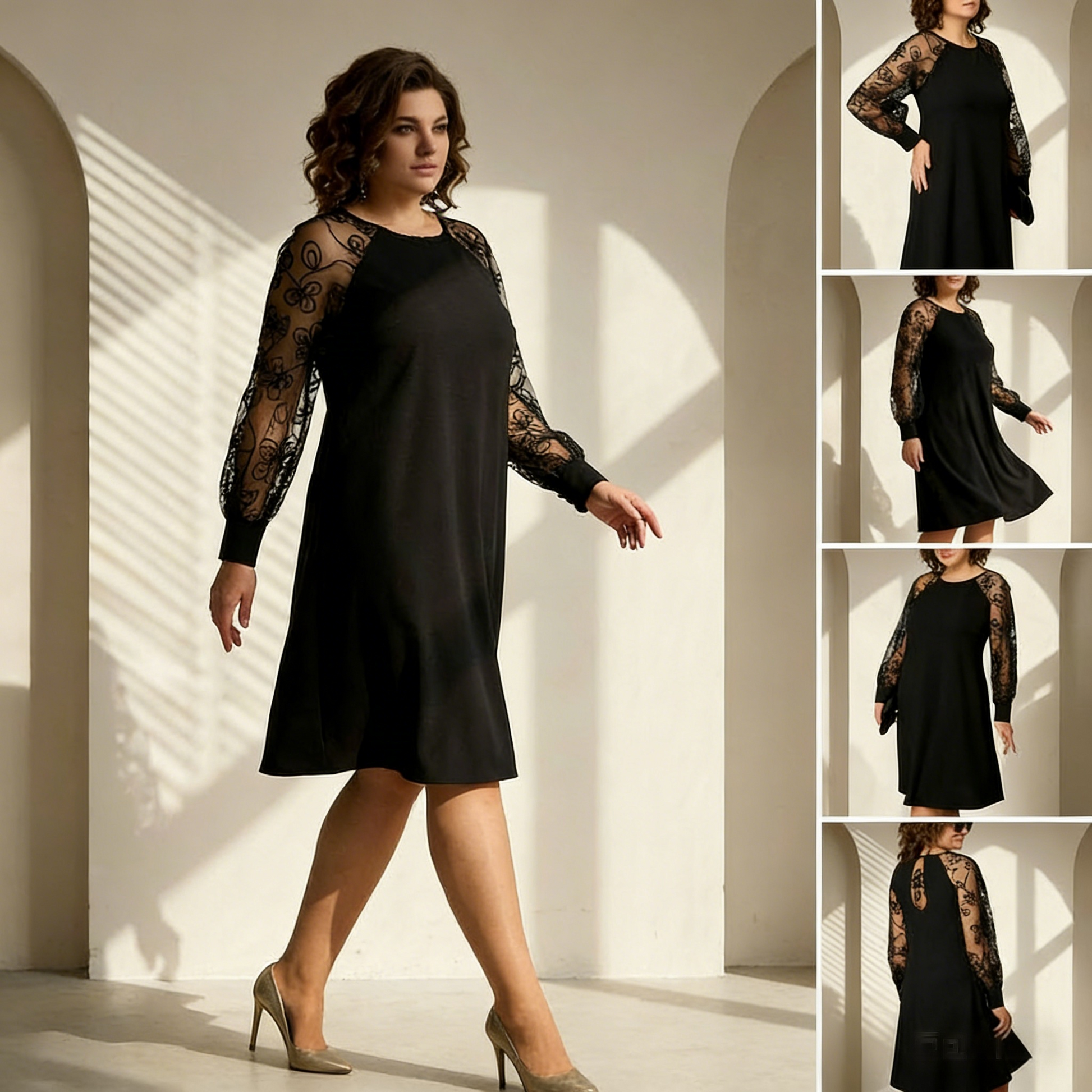 👗Rochie din dantelă cu mâneci lungi și decolteu rotund💖
