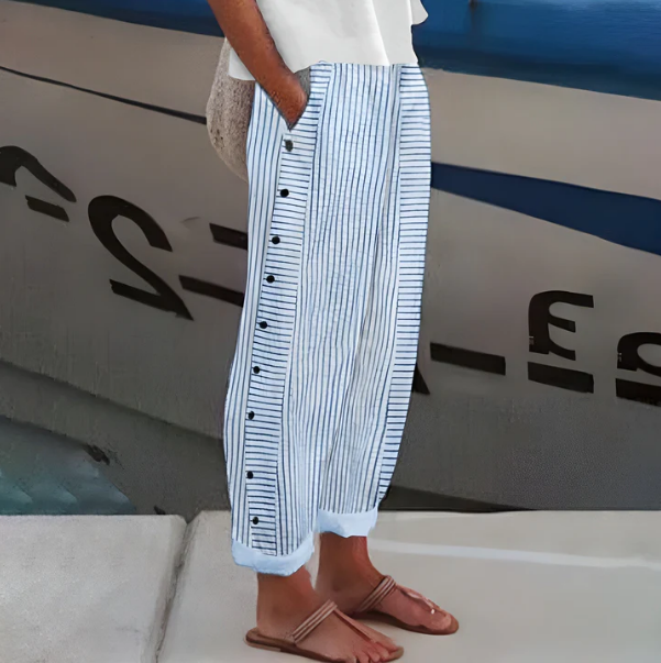 ☀️Reduceri de primăvară: 50% reducere!!🌿🌸Pantaloni confortabili cu dungi albastre și buzunare laterale