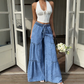 Pantaloni din denim pentru femei, cu talie înaltă și croi larg