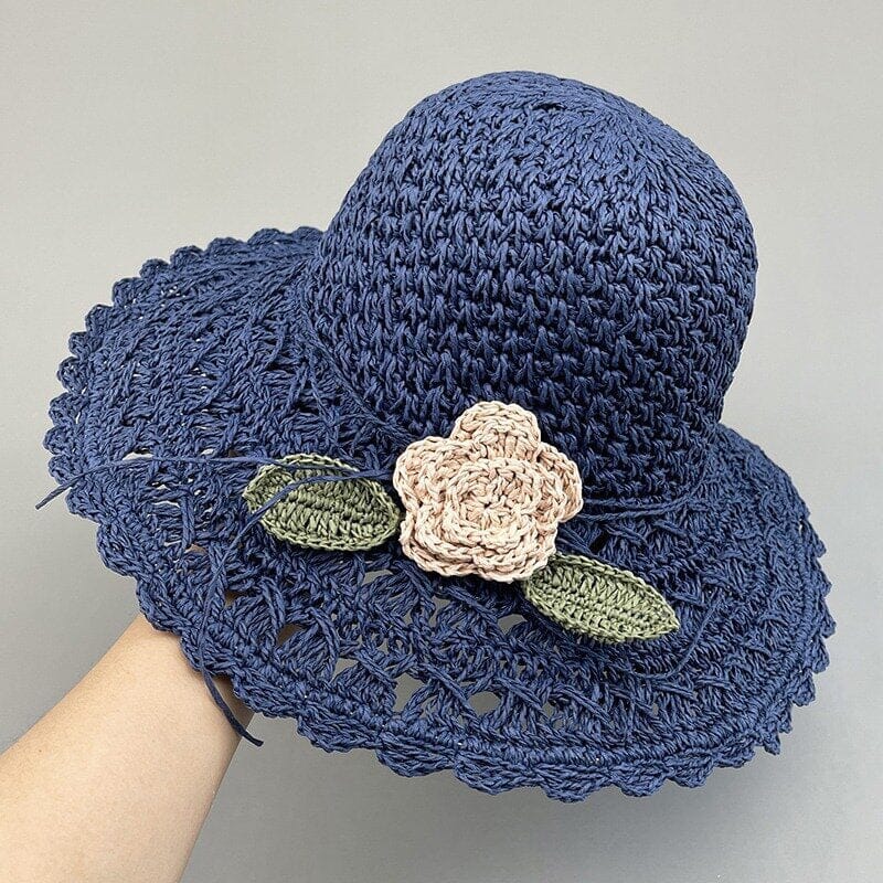 👒Pălărie elegantă de paie tricotată manual, cu detalii cu volane-9