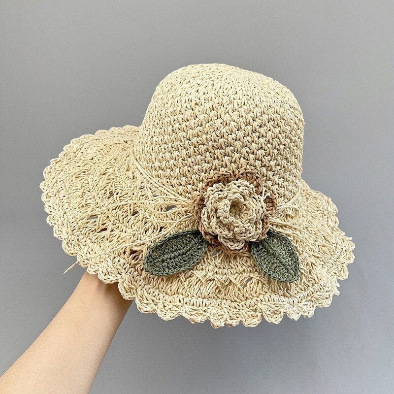 👒Pălărie elegantă de paie tricotată manual, cu detalii cu volane-12
