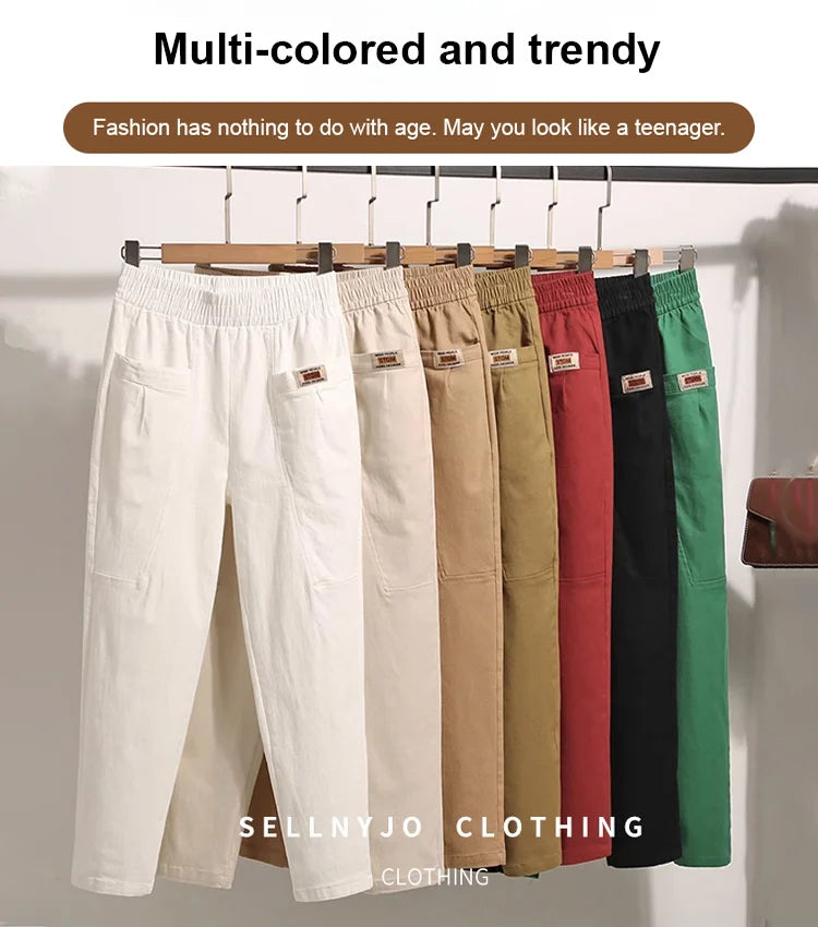 💥Reducere de 50%😍Pantaloni cu talie elastică din bumbac cu picior lat