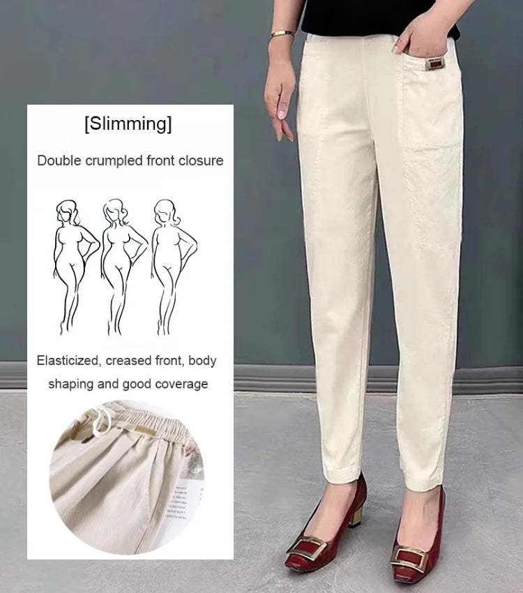 💥Reducere de 50%😍Pantaloni cu talie elastică din bumbac cu picior lat-6
