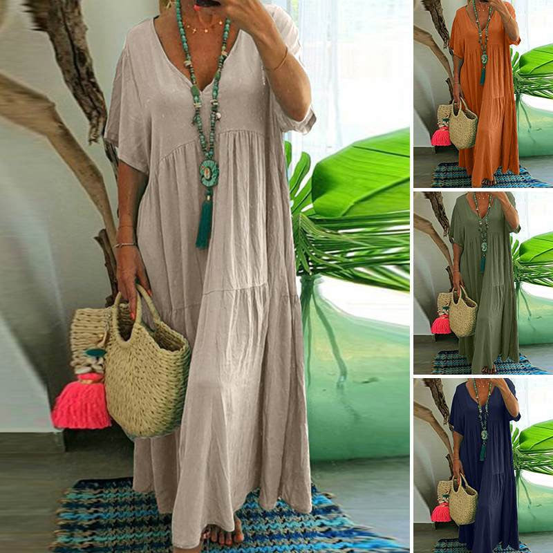 🔥Rochie de vară din bumbac de culoare solidă-1