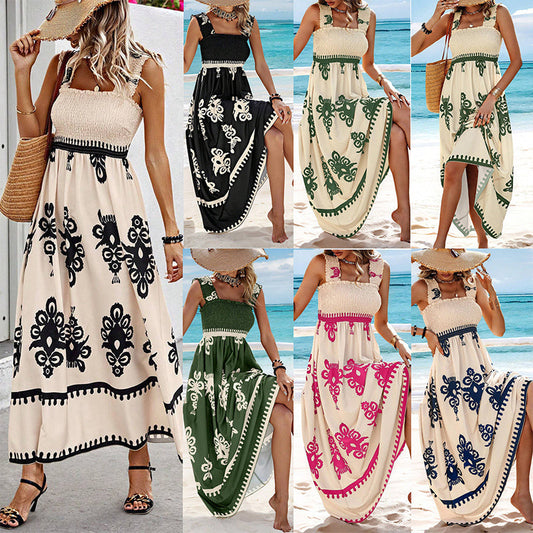 🏖️👗Vara imprimate fără mâneci care curge rochii lungi🌊