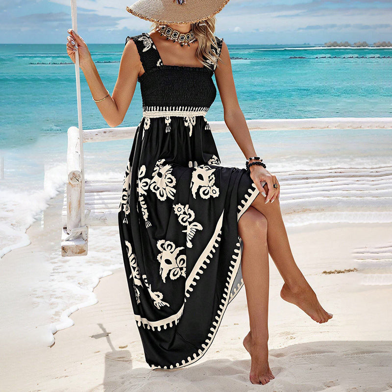 🏖️👗Vara imprimate fără mâneci care curge rochii lungi🌊-5