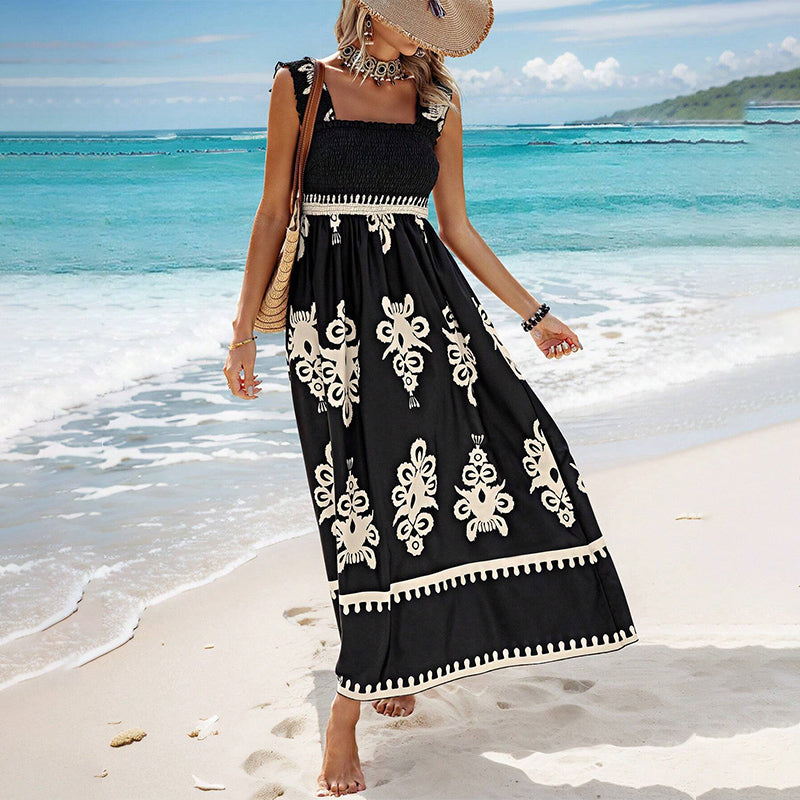 🏖️👗Vara imprimate fără mâneci care curge rochii lungi🌊-10