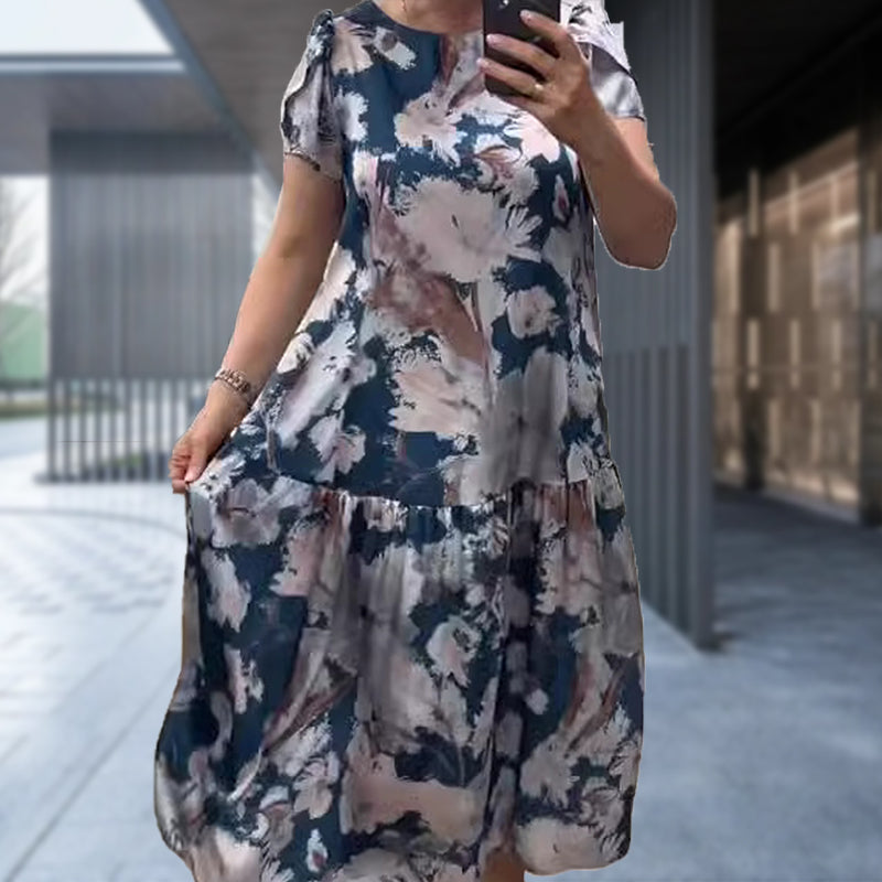 🌸Rochie florală cu mânecă scurtă, cu gât rotund, lejeră💃-5
