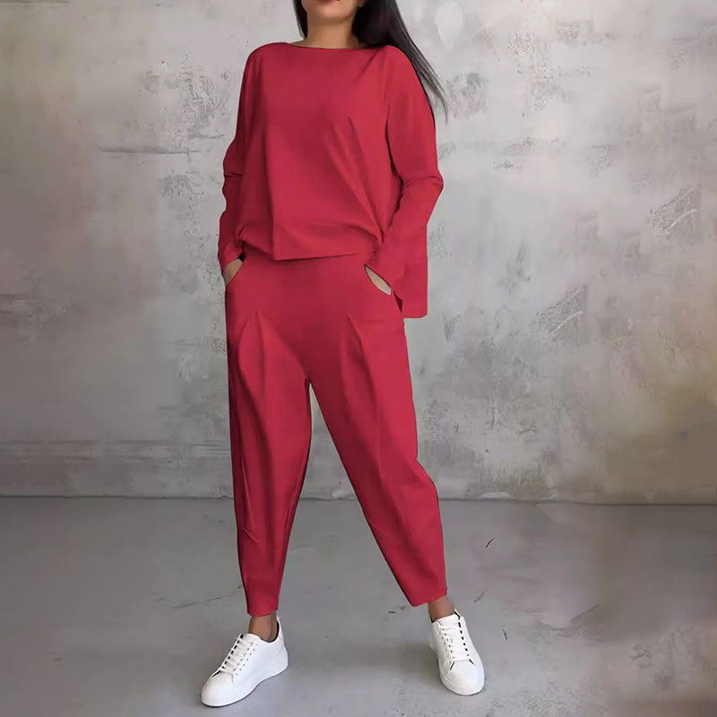 💖Set de 2 piese cu bluză cu mâneci lungi și gât rotund și pantaloni-7