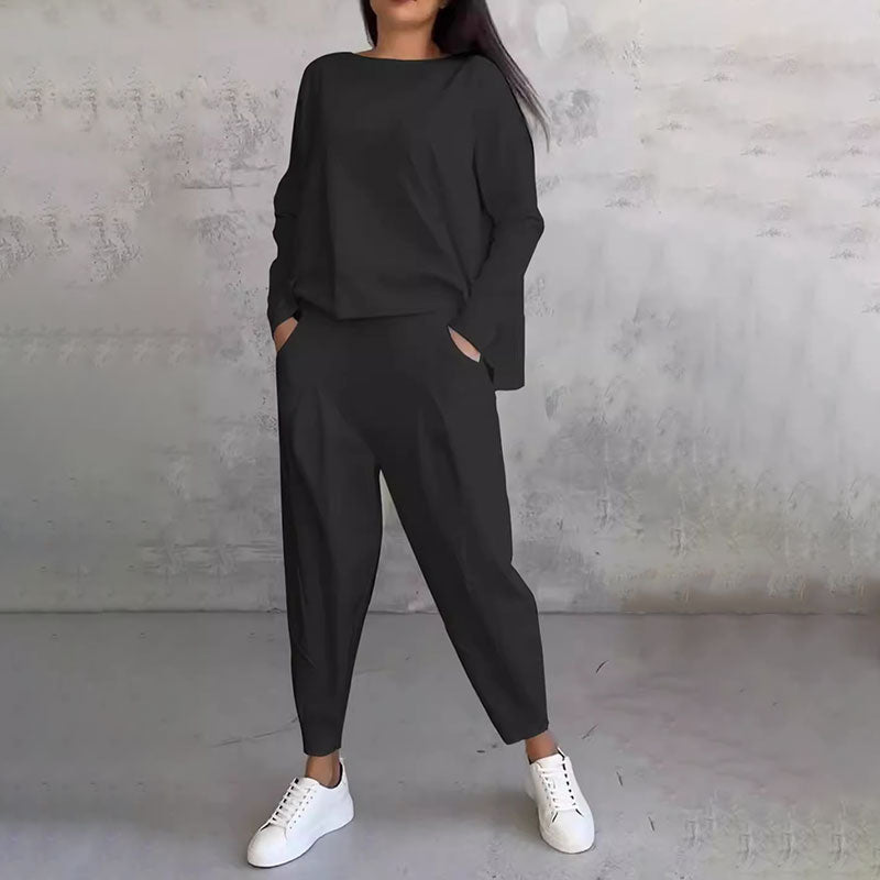 💖Set de 2 piese cu bluză cu mâneci lungi și gât rotund și pantaloni-11