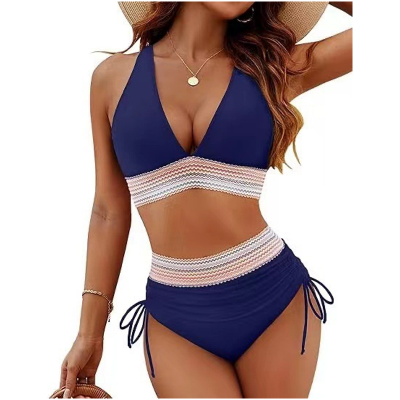 Bikini bikinis cu talie înaltă, bretele reglabile și blocuri de culori-11