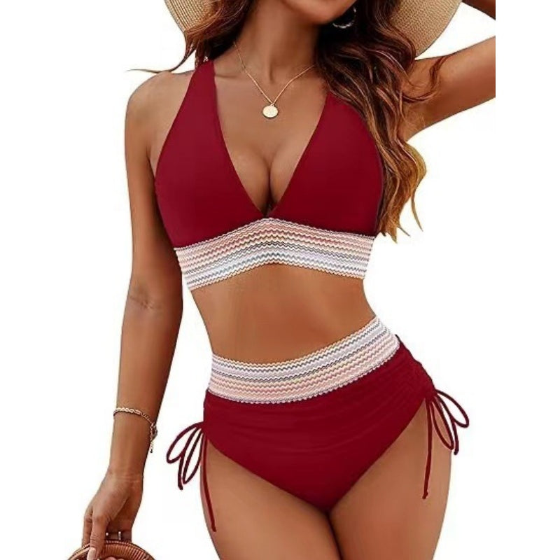 Bikini bikinis cu talie înaltă, bretele reglabile și blocuri de culori-13