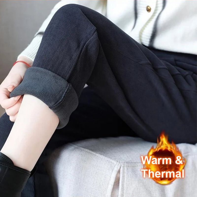 Pantaloni pentru femei cu talie înaltă, călduroși, căptușiți cu fleece sintetic👖-4