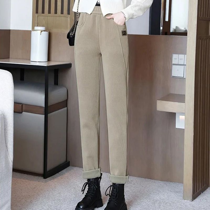 Pantaloni pentru femei cu talie înaltă, călduroși, căptușiți cu fleece sintetic👖-7
