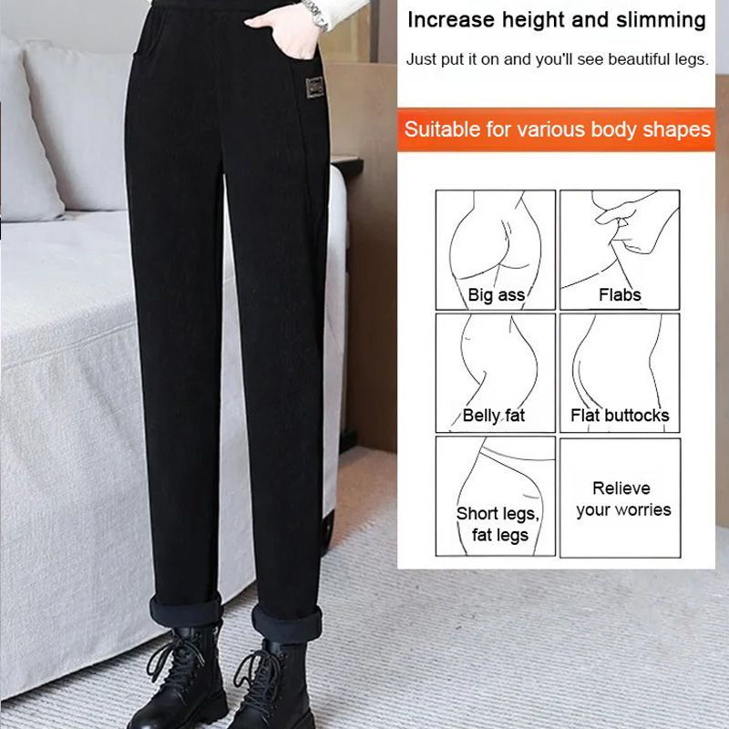 Pantaloni pentru femei cu talie înaltă, călduroși, căptușiți cu fleece sintetic👖-14