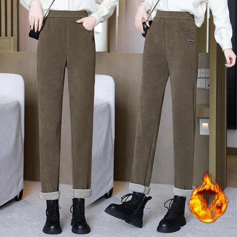 Pantaloni pentru femei cu talie înaltă, călduroși, căptușiți cu fleece sintetic👖