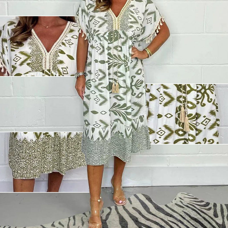 🌸 Rochie casual cu decolteu în V și imprimare cu franjuri-3