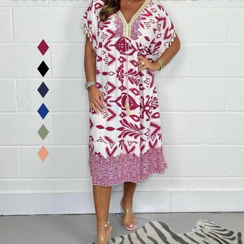 🌸 Rochie casual cu decolteu în V și imprimare cu franjuri-14