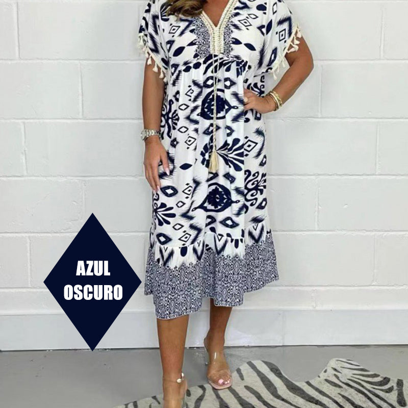 🌸 Rochie casual cu decolteu în V și imprimare cu franjuri-16