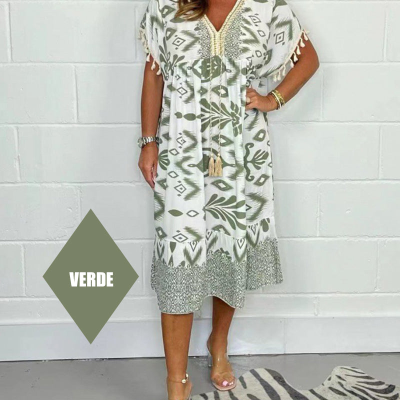 🌸 Rochie casual cu decolteu în V și imprimare cu franjuri-18