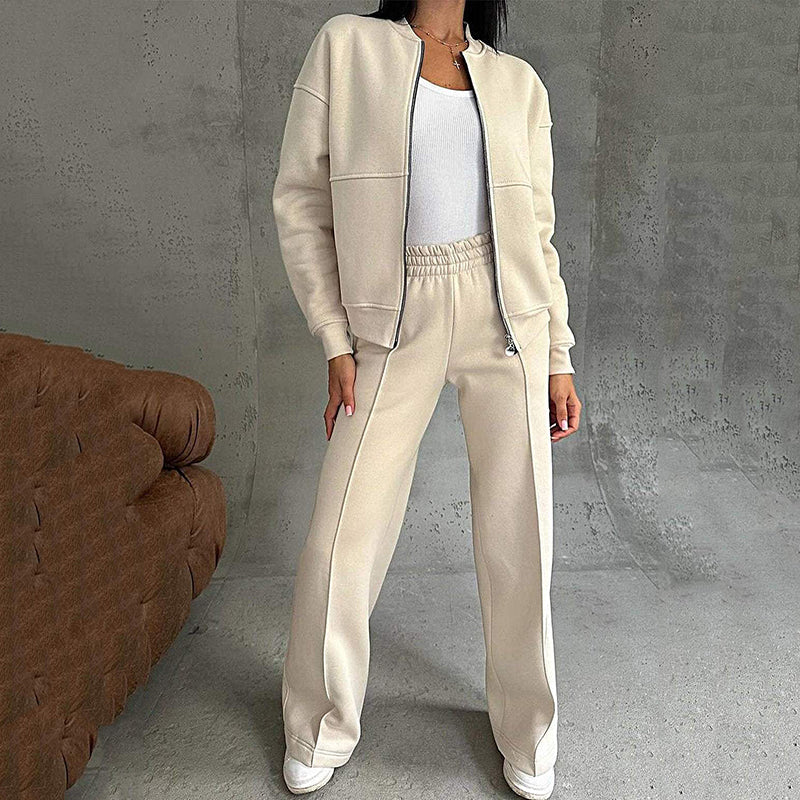 💖Set din două piese pentru femei, croială lejeră - jachetă cu fermoar și pantaloni largi-5