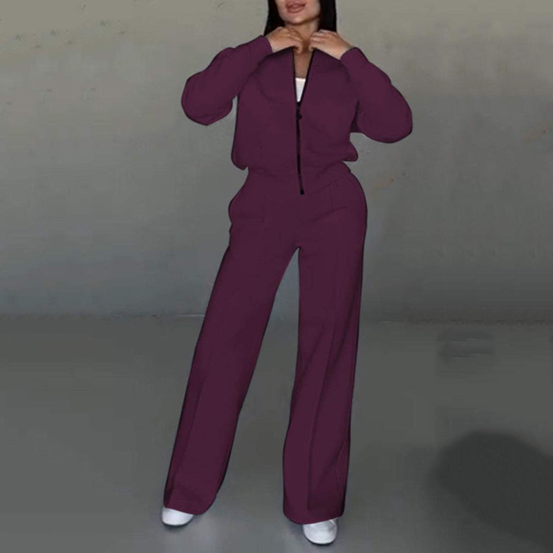 💖Set din două piese pentru femei, croială lejeră - jachetă cu fermoar și pantaloni largi-4