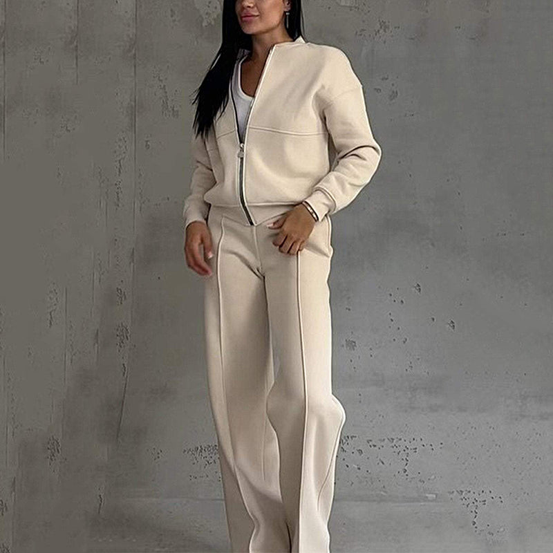 💖Set din două piese pentru femei, croială lejeră - jachetă cu fermoar și pantaloni largi-6