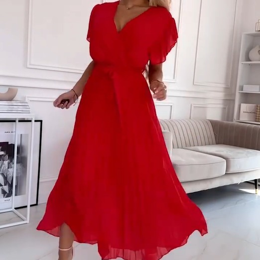 🌸Oferte speciale de primăvară🌸 Rochie fluidă plisată, cu guler în V, pentru femei-1