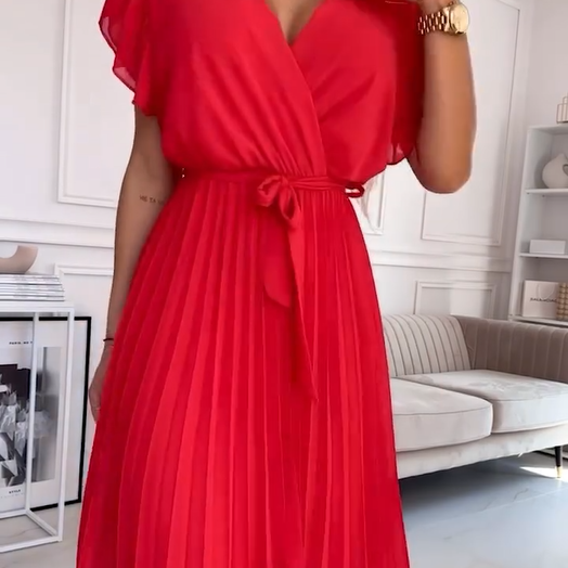 🌸Oferte speciale de primăvară🌸 Rochie fluidă plisată, cu guler în V, pentru femei-6