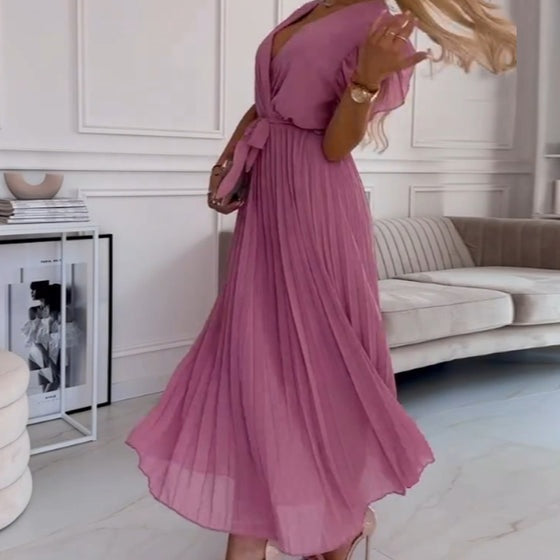 🌸Oferte speciale de primăvară🌸 Rochie fluidă plisată, cu guler în V, pentru femei-5