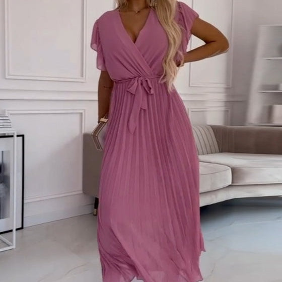 🌸Oferte speciale de primăvară🌸 Rochie fluidă plisată, cu guler în V, pentru femei-8