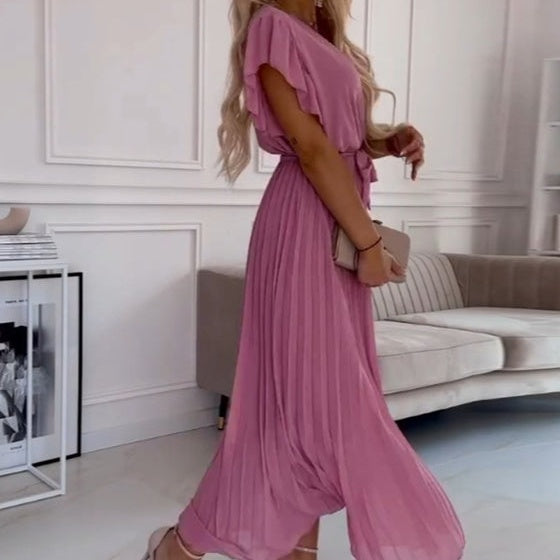 🌸Oferte speciale de primăvară🌸 Rochie fluidă plisată, cu guler în V, pentru femei-7