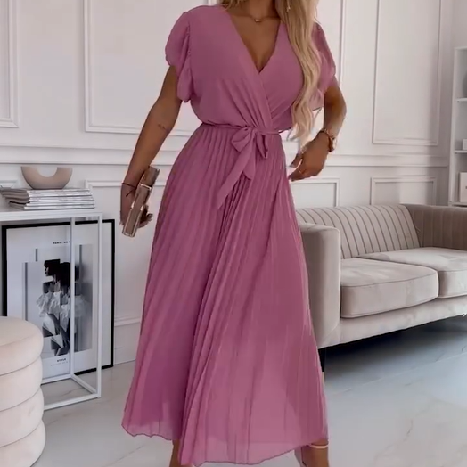 🌸Oferte speciale de primăvară🌸 Rochie fluidă plisată, cu guler în V, pentru femei-9