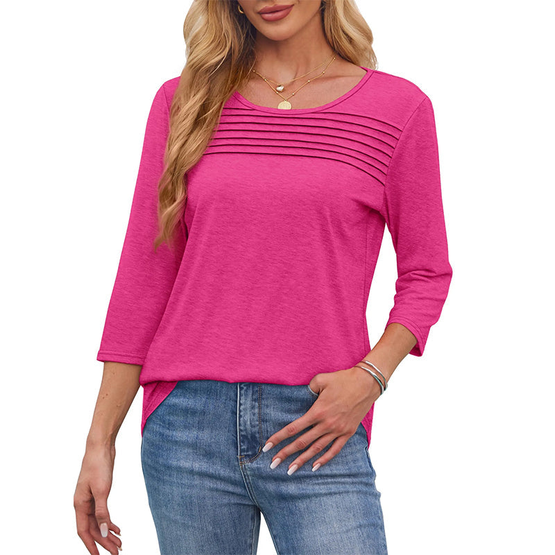 😻👕Tricou casual pentru femei, cu mâneci 3/4 și detalii plisate🌿-2
