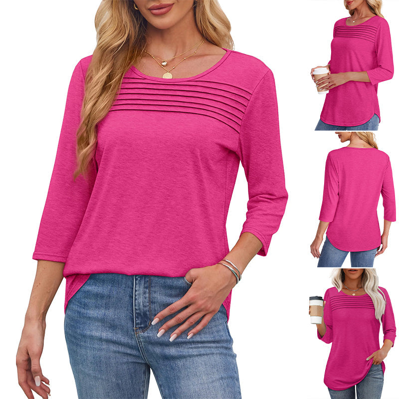 😻👕Tricou casual pentru femei, cu mâneci 3/4 și detalii plisate🌿-1