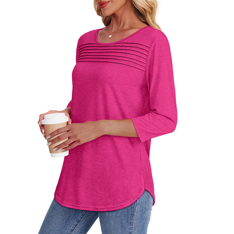 😻👕Tricou casual pentru femei, cu mâneci 3/4 și detalii plisate🌿-4