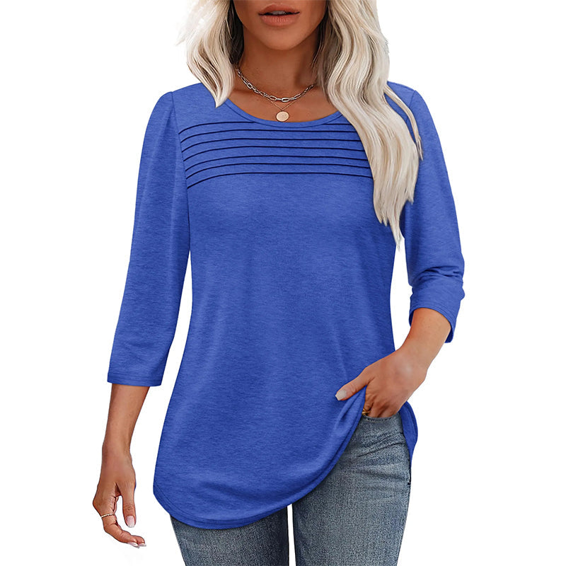 😻👕Tricou casual pentru femei, cu mâneci 3/4 și detalii plisate🌿-10