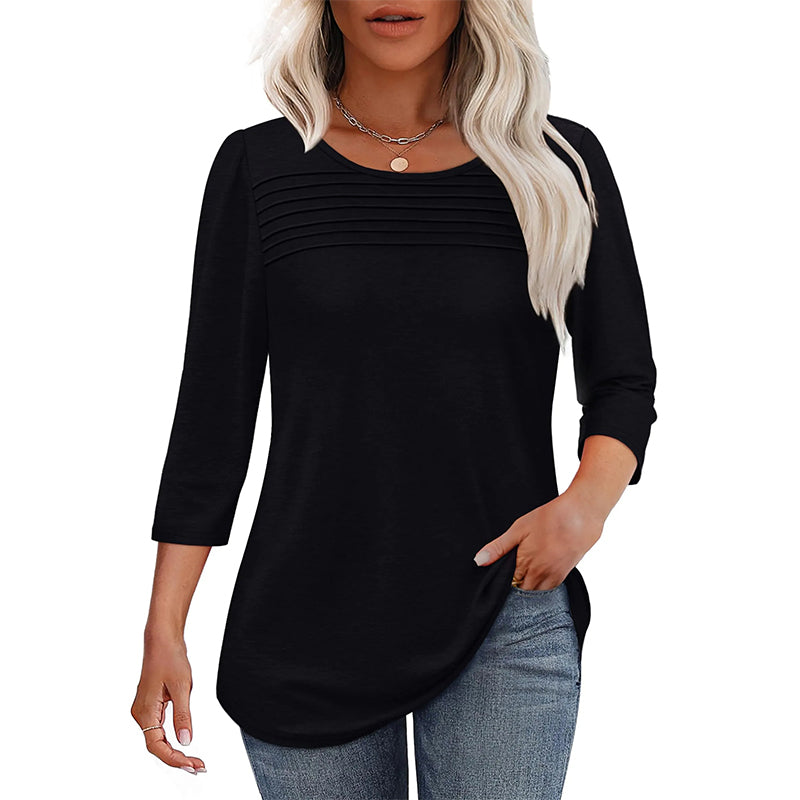 😻👕Tricou casual pentru femei, cu mâneci 3/4 și detalii plisate🌿-13