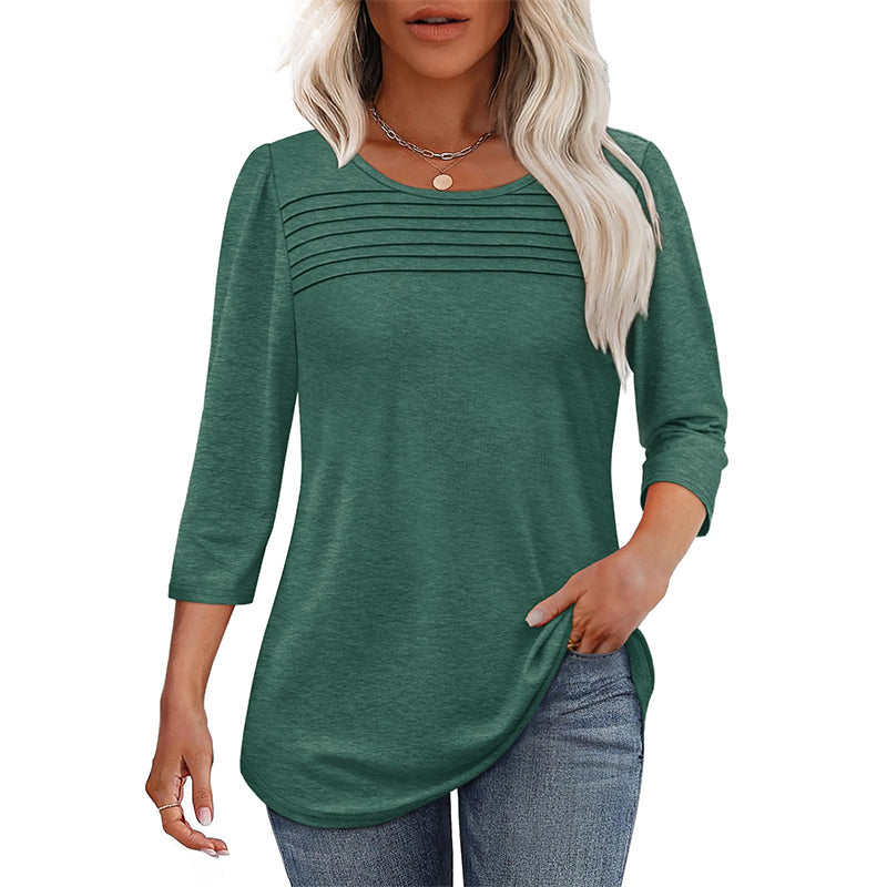 😻👕Tricou casual pentru femei, cu mâneci 3/4 și detalii plisate🌿-11