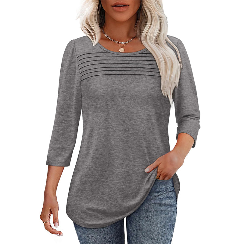 😻👕Tricou casual pentru femei, cu mâneci 3/4 și detalii plisate🌿-14