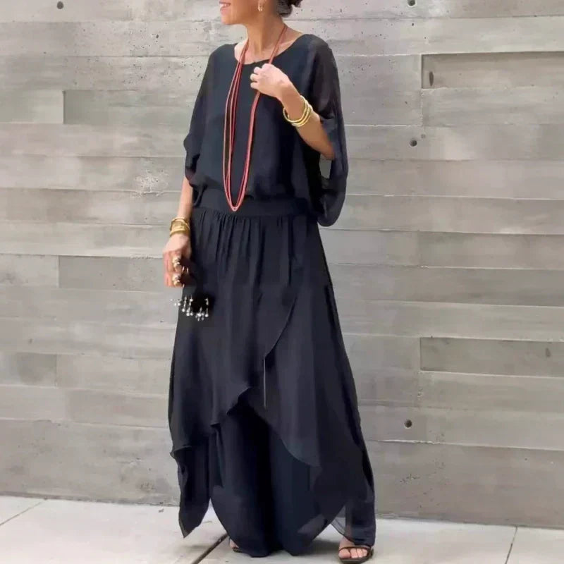 💃 Set din două piese, cu bluză largă și pantaloni largi cu fante, din șifon✨